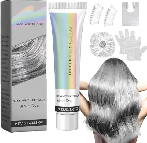 Silber-Metallic-Haarfarbe,Silber-Haarfarbe,Haarfarbe Silber,Modische Silbergraue Haarfärbemittel Permanent,Geeignet für Alle Haartypen,Unisex,Wird mit Einweg-Haarfärbewerkzeugen Geliefert