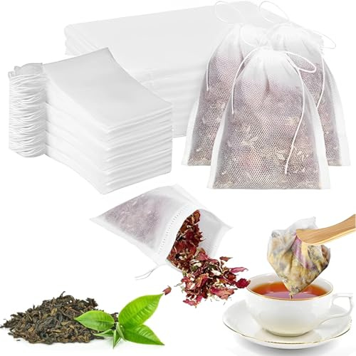 OUDQFCJ 100 bustine di tè per tè sfuso, 7 x 9 cm, sacchetti vuoti per filtro da tè, con coulisse, per spezie, vaniglia, lavanda, caffè (bianco)