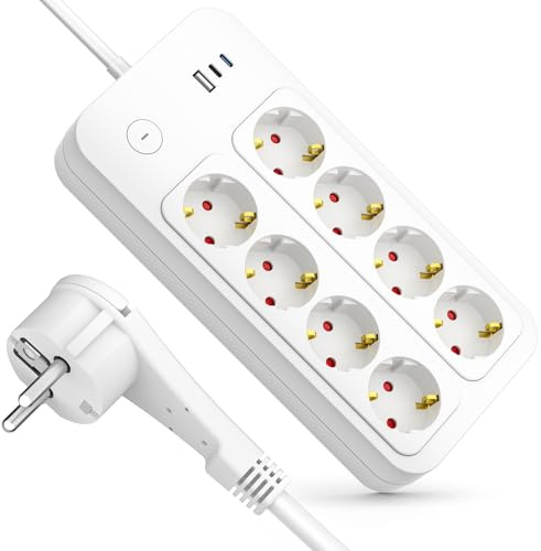 Realmade Steckdosenleiste 8-Fach mit Überspannungsschutz mit 3 USB | Steckdosenleiste 3M mit Kindersicherung, Steckdosenleiste Überspannungsschutz mit Schalter für Schlafzimmer Büro Küche