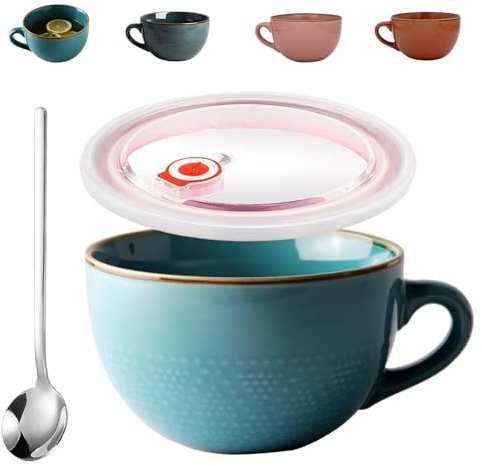 Stor kopp keramik, soppkoppar med handtag, 700 ml stor soppskål, lämplig för mjölksallad, keramikmugg med handtag, presentkaffekopp, med lock och sked (blå)