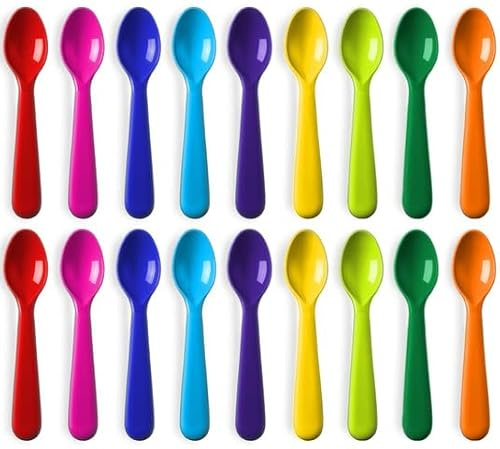 PLASKIDY Plastic Kids Spoons Set of 18 -Toddler Spoons BPA Free/Dishwasher Safe Reusable Children's Spoon Set - Brightly Colored Toddler Cutlery Flatware Set