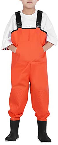 HWBZSZY Kinder Overall Wasserdicht Waten Hosen mit Regen Stiefel Outdoor Aktivitäten Mädchen Jungen PVC Wader Hosen Verstellbarer Schultergurt Anglerhose Jagdstiefel,Orange,26 EU