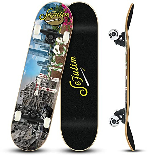 Sefulim 31 x 8 Zoll komplettes Skateboard 7-Schicht kanadischer Ahorn Double Kick Deck Concave Cruiser Trick Skateboard für Jungen Mädchen Teens Erwachsene Anfänger