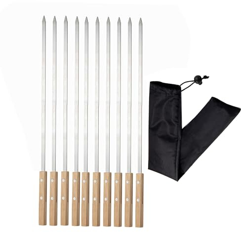 IMEEA Brochetas de metal plano para barbacoa de 23.6 pulgadas con mango de madera, pinchos de acero inoxidable para parrilla, juego de 10 con bolsa