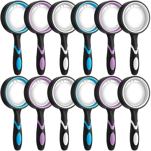 Xuhal 12 Pcs 10X Magnifying Glass Handheld Shatterproof Reading Magnifier for Seniors and Kids, 50mm Colored Magnifying Lens with Non Slip Rubber for Observation Exploration Science (Mixed Color)