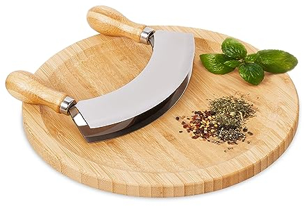 Relaxdays Wiegemesser mit Brett, Bambus & Edelstahl, zweischneidiges Kräutermesser, Kräuterbrett Ø 25 cm, natur/silber