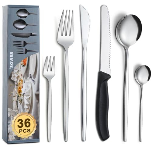 BEWOS 36-teiliges Silber Besteck Set mit Steakmesser, Besteckset für 6 Personen inkl. Messer und Löffel, spülmaschinenfestes Besteck für die heimische Gastronomie, lebensmittelechtes Besteck 30P+6P