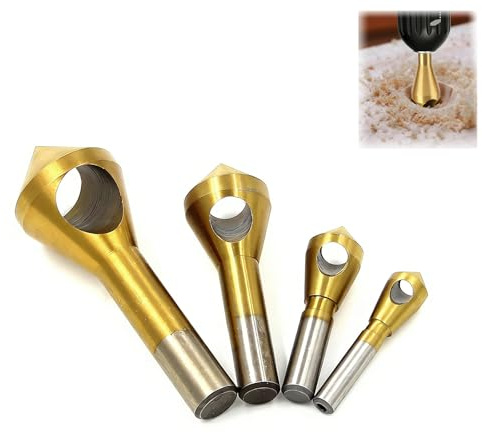 4pcs Countersink Drill Bit Set Deburring Chamfer Drill Bits, Titanium Coated High Speed Steel Countersink Bit for Metal, Wood, Wool, Plastic, DIY, Gold