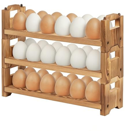 storenization Egg Holder Countertop, 3-tire Solid Wooden Egg Holder, Stackable Egg Storage Easter Basket Holding Up to 36 Fresh Eggs, Chicken, Duck Eggs - Unfinished