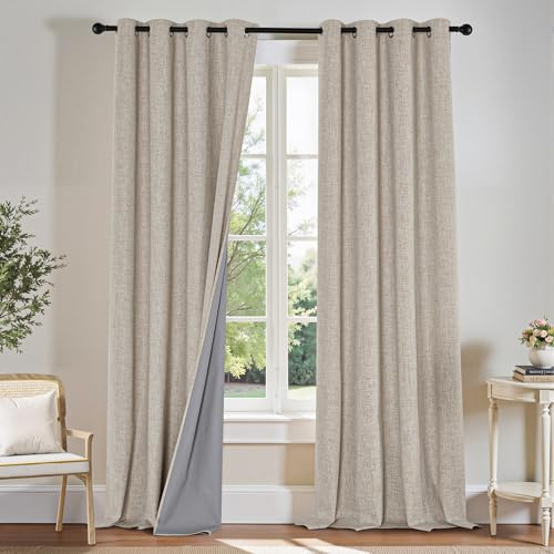 PONY DANCE Linen Blackout Curtains for Bedroom 84 Inches Long, Thermal Insulated Grommet 100% Black Out Window Drapes for Living Room, Sliding Door Curtains 2 Panels Set, 52 W x 84 L, Natural Linen