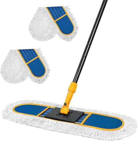 24 Dust Mop for Floor Cleaning, Large Areas Dry & Wet Mop with 2 Washable Cotton Pads, Efficiently Picks Up Pet Hair & Dust for Hardwood, Tile, Laminate, Patio