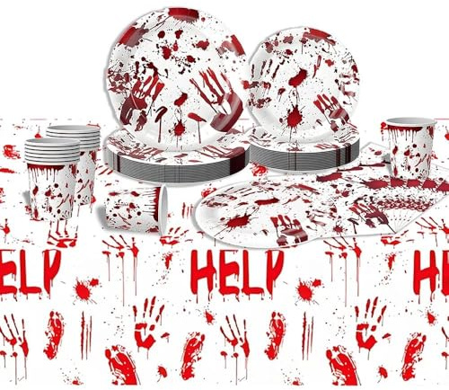 97PCS Scary Halloween Party Supplies Set Bloody Handprint Tableware Decorations Zombie Birthday Themed Party Haunted House Disposable Paper Plates,Cups and Tablecloth(24 Guest)