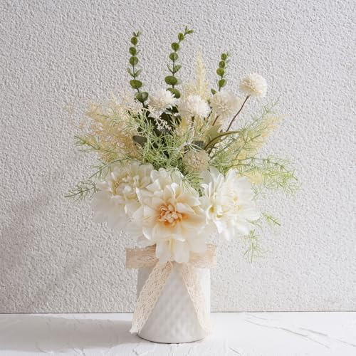Artificial Flowers in Ceramic Vase, Faux Silk Arrangement for Home Décor | Fake Dahlia & Dandelion Floral Bouquet with Ribbon Pot, Dining Coffee Table Centerpiece Spring Summer Decor, White