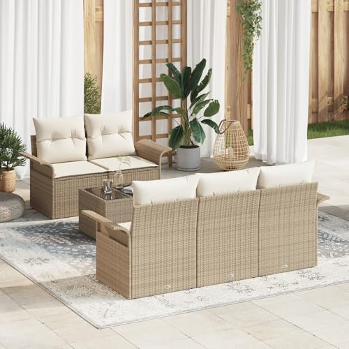 IBUQDDV 6-teiliges Garten Sofa Set mit Kissen Beige Poly-Rattan für Terrasse Balkon, Wetterfestes Outdoor Möbel Set mit Polsterauflagen, Modernes Loungemöbel
