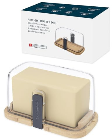 KITCHENDAO Bamboo Large One-Handed Butter Dish with Lid for 250g/500g/1lb Butter, Airtight Butter Keeper with Lid Fit a Full Pound Block of Butter，Locking Butter Container for Countertop