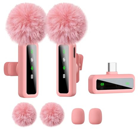 Wireless Lapel Mic Phone, Mini Vlog Recording Lavalier Mic, Pink | Wireless clip-on lavalier mic works with Android, noise reduction, lightweight for vlogs, live streams and interviews