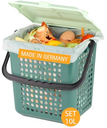 bioMat Airbox Cubo de Basura Orgánica para Cocina, Incl. Bolsas Compostables de 10 litros (52 Bolsas con Asas), Reduce los Olores, Fabricado en Alemania