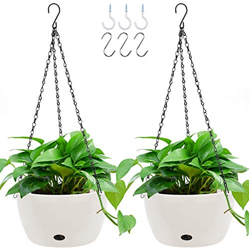 GROWNEER 2 Packungen 24,9 cm Kunststoff-Hängepflanzgefäß selbstbewässernder Korb mit 6 Haken, hängender Blumentopf mit abnehmbarem Boden für Garten, Innen- und Außenbereich, Heimdekoration (weiß)