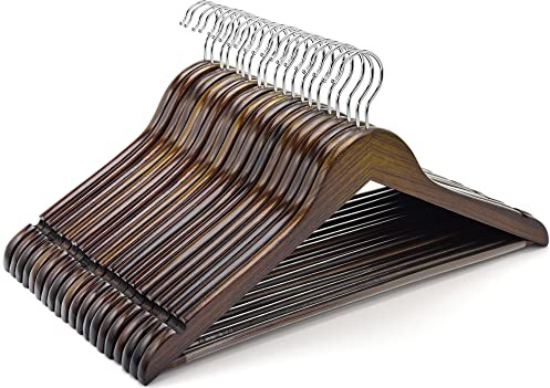Amber Home 10 Unidades 44,5cm Perchas de Madera Retro, Antiguo Marrón Percha para Camisetas Camisas Trajes Abrigos Vestidos Tirantes Bodas, con Varilla y Ranuras