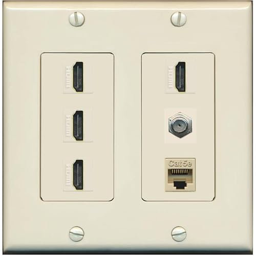 RiteAV Cavo coassiale HDMI a 4 porte, 1 cavo coassiale per TV, tipo F, 1, Cat5E, piastra da parete, 2 bande [mandorla chiara]