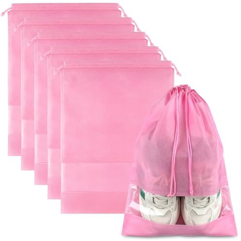 Pink Travel Shoe Bags - 5 Pcs Non-Woven Drawstring Packing Bags with Clear Window (15.7 x 11.8)