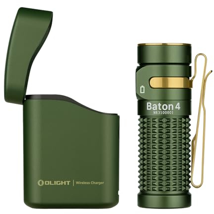 OLIGHT Baton 4 kit Mini LED Taschenlampe Wiederaufladbare mit dimmbarem Ladecase, Handlampe bis zu 190 Tage Laufzeit, 1300Lm 170m Leuchtweite superhell klein Flashlight für Alltag, IPX8 OD Grün