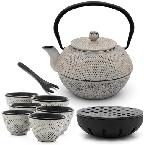 Bredemeijer Asia Teekanne Gusseisen Set 1.1 Liter - grauer Teekessel & Edelstahl-Filter-Einsatz für losen Tee & Teebecher (6 Tassen) & Stövchen & Deckelheber