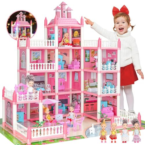 Pink Doll Houses for Girls, Playhouse 4-Story 11 Rooms with 4 Dolls & Furniture Accessories & Flashing Lights, Princess Doll House Toy Toddler Birthday Gift for 3 4 5 6 7 8 Year Old