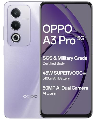 OPPO A3 Pro 5G (morado Moonlight, 8 GB de RAM, 256 GB de almacenamiento) | Pantalla de frecuencia de actualización HD+ 120 Hz de 6.6 pulgadas | Supervooc de 45 W | sin costo EMI/ofertas de intercambio