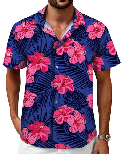 Hawaiian Shirt for Men, Tropical Shirts for Mens Summer Button Down Shirt Men Short Sleeve Floral Beach Shirts Cruise Shirt Vacation Outfits, Flower Purple, Large