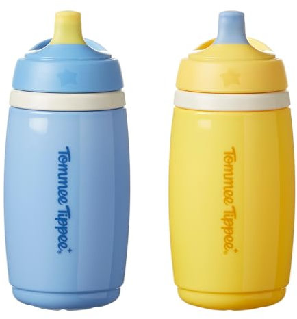Tommee Tippee Insulated Active Spout Cup, 266ml, Non-Spill Water Bottle for Toddlers 12 Months+, Insulated to Help Keep Their Drinks Cool, Blue and Yellow, 2 Pack