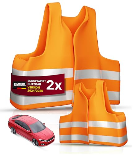 Thomatex® Warnwesten Auto Set – DIN EN ISO 20471 – Maximale Sichtbarkeit bei Tag und Nacht – Universelle Größe XL – 100% reflektierend