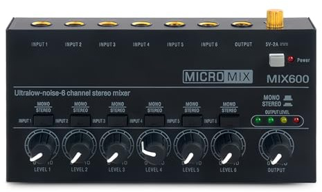 Mixer audio Goedch: mixer audio stereo a 6 canali, mixer audio ultra compatto con 6 controlli di volume indipendenti, custodia metallica e rumore ultra basso; ideale per studio, la