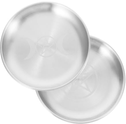 PAMINGONO 2 Pièces Plateau Rond Métal à Pentagramme Doré Plateau Décoratif pour Bougies Chauffe-Plat Rangement Bijoux et Offrandes Rituelles Ambiance et Design Chamanique