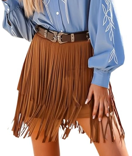 Générique Mini Jupe Courte Cowboy à Franges - Style Western en Daim Imitation - Sexy pour Festival, Concert & Soirée - Fermeture Éclair Latérale - Jupe Bohème Éte