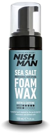 NISHMAN Sea Salt Foam Wax 150ml – Shine and Volume Styling Foam – Strong Flexible Hold – Keratin Infused Texture Booster – Defines Waves and Curls – Anti Frizz Hair Styling Mousse for Men