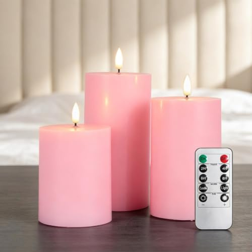 RanBluu 3er Set LED Kerzen mit Timer, elektrische flackernde batterie betriebene Kerzen, LED Säulenkerzen, für Camping, Hochzeiten, Home Deco (Rosa)