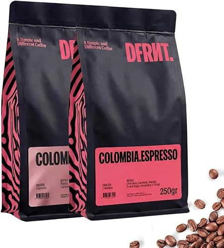 DFRNT Coffee Pack Café de Especialidad Colombia y Colombia Brew 2x250g — Café en Grano 100% Arábica Tueste Artesanal Medio, Ideal Espresso, Notas a Chocolate Caramelo y Frutos Rojos — 500g