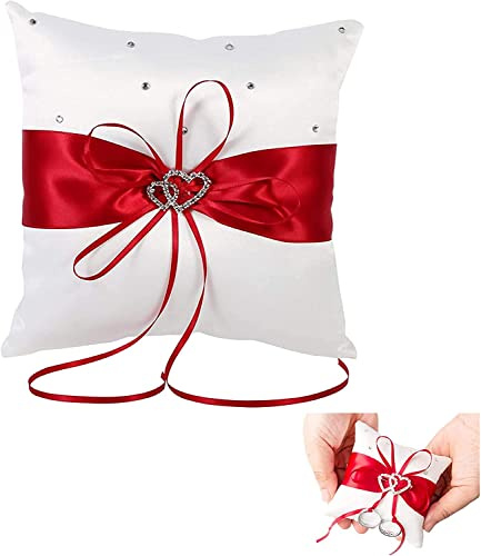 Zerodis Band Ehering Kissen Bowknot Ring Inhaber Inhaber Kissen Kissen mit doppelten Herzen 8 x 8 Zoll(rot)