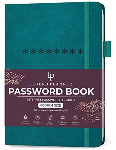 Legend Planner Password Book with Alphabetical tabs. Internet Address Keeper Logbook. Journal for Website Logins, Medium 13x19.5cm (Dark Teal)