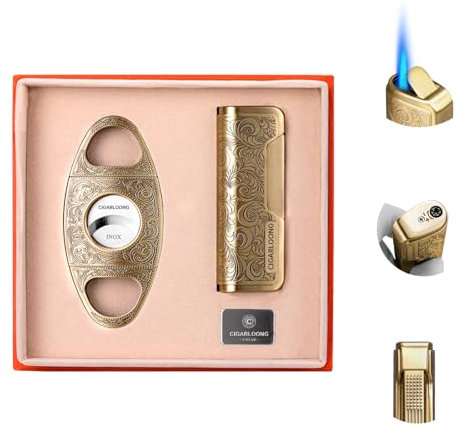 CIGARLOONG Cigar Cutter and Lighter Set Gold Sharpening Blade Engraved Cigar Guillotine and Retro Carved Lighter