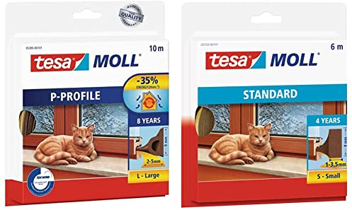tesamoll P-Profil Gummidichtung - Selbstklebende Dichtung zum Isolieren von Spalten an Fenstern und Türen - Braun - 10 mx9 mmx5,5 mm & moll STANDARD I-Profil - Schaumstoffdichtung - Braun - 6mx9mmx4mm