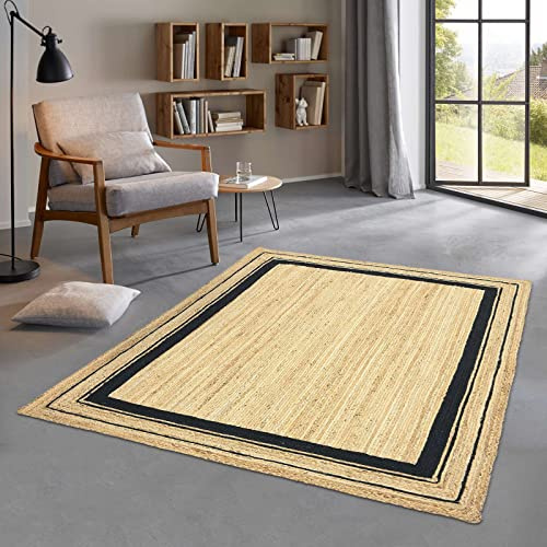 Taracarpet Jute Teppich Sisal Optik mit Bordüre Kurzflor Boho modern für Wohnzimmer Schlafzimmer nachhaltig Natur-Teppich schwarz 120x170 cm