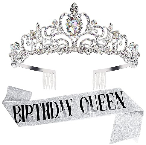 DRESHOW Geburtstagskrone und Schärpe für Damen Geburtstagskönigin Schärpe & Strass Tiara Set Geburtstag Tiaras und Schärpen für Mädchen Geburtstag Dekorationen Haarschmuck Glitter Schärpe für Party