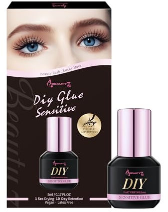 Beauty7 Eyelash Extension Glue for Sensitive Eyes 5ml Hypoallergenic Lash Extension Glue 0.5-1 Sec Drying Time Extra Strong Lash, 10 Days Retention Extension Adhesive Self Application