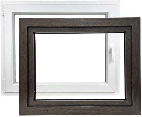 ALUCON Kellerfenster 800x600 mm – Fenster 80x60 cm – Kunststofffenster Innen Weiß/Außen Dunkle Eiche – Flügelfenster DIN Links