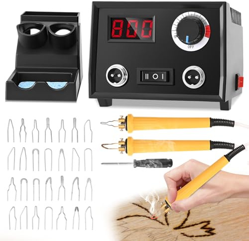 Gxpjycfob Pyrography Wood Burning Tool Set, Wood Burning Kit, Wood Encarving Kit with 2 Wood Burning Pens, 30 Pyrography Wire Tips, Digital Display, 0-800°C Temp Adjustable, for Wood, Leather, Pumpkin