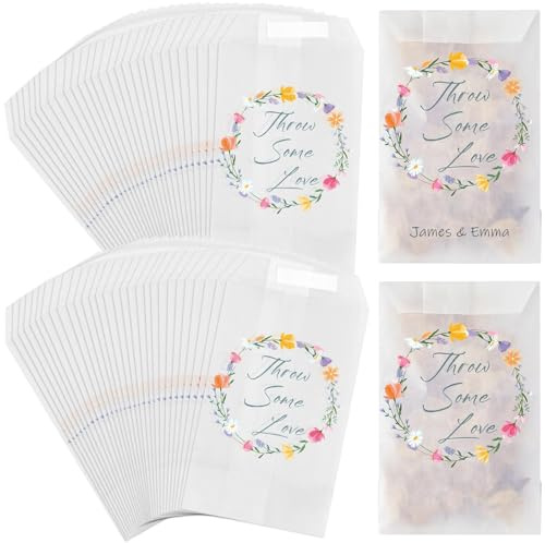 Clabby 50 Pcs Wedding Confetti Bags 105 x 70 mm Confetti Favor Hen Party Candy Bags Throw Some Love Paper Glassing Envelopes for Summer Wedding Baby Shower Bridal Shower(Flower Style)