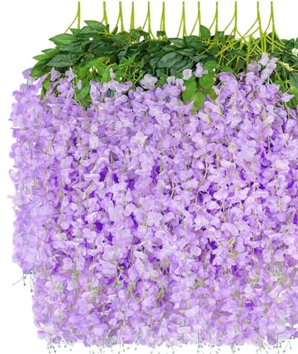 OUKEYI Künstliche Glyzinien-Blumen-Girlande, 100 cm, Seidenblumen, hängende Rebe für drinnen und draußen, Haus, Garten, Weihnachten, Hochzeit, Party, Dekoration, Hellviolett, 12 Stück