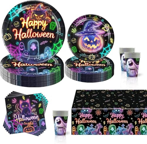 Ensemble de vaisselle de fête d'anniversaire fluorescente en papier pour enfants, fournitures de fête d'anniversaire, Halloween, (C)